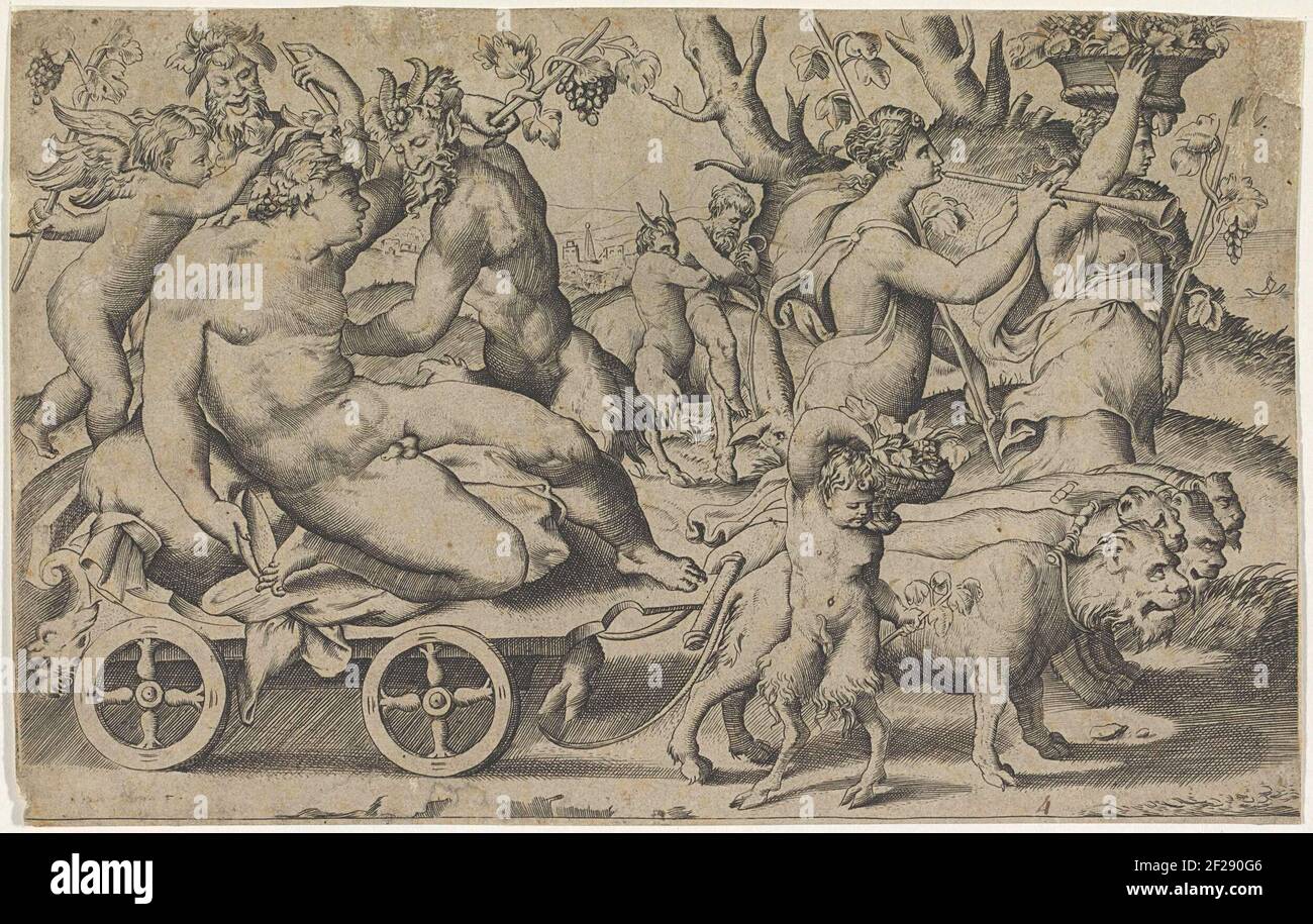 Triomf van Bacchus.Bacchant Prozession nach rechts. Bacchus sitzt auf einem Auto, das von vier Löwen ausgeführt wird. Es gibt zwei Sater hinter Bacchus und schwebt einen Putt. Rechts zwei Bacchants. Im Hintergrund Silenus auf einem Esel. Stockfoto