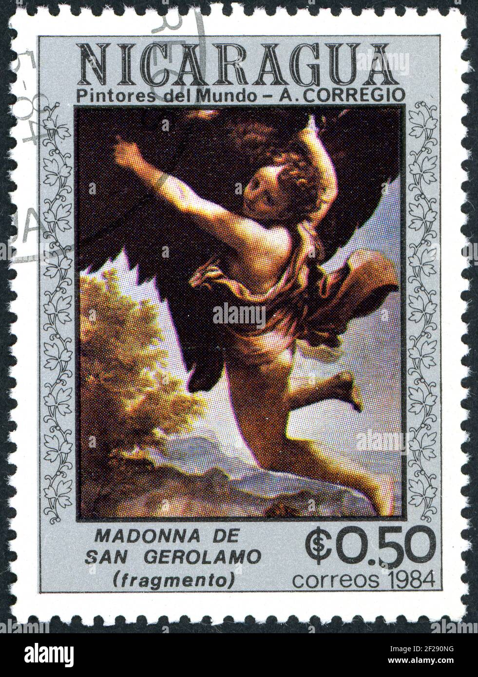 NICARAGUA - UM 1984: Eine in Nicaragua gedruckte Briefmarke, zeigt das Gemälde von Correggio - Ganymede, entführt vom Adler, um 1984 Stockfoto