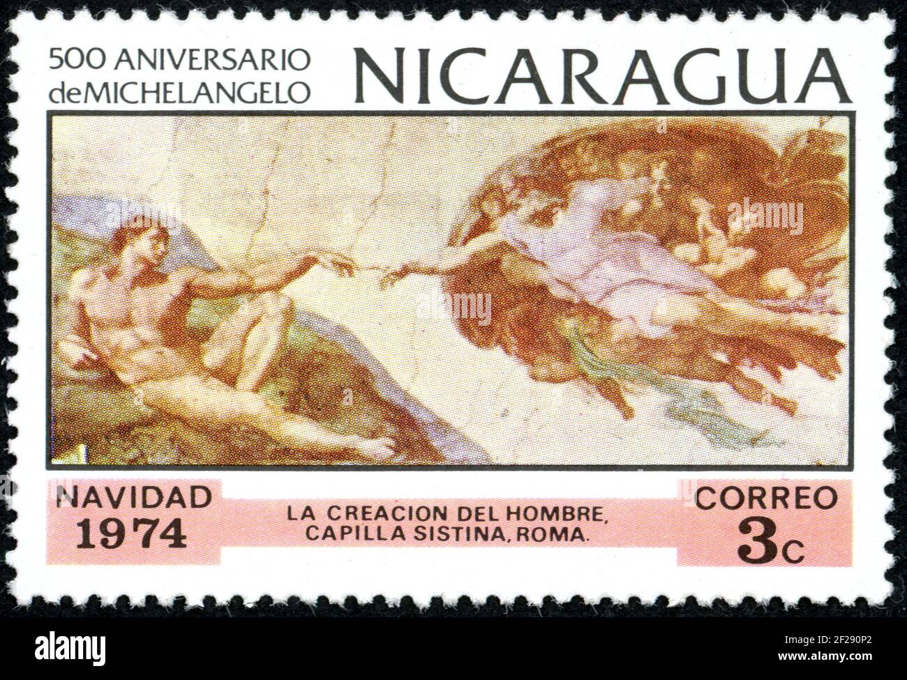 NICARAGUA - UM 1974: Eine in Nicaragua gedruckte Briefmarke, Weihnachtsausgabe, zeigt das Gemälde von Michelangelo - die Schöpfung Adams, um 1974 Stockfoto