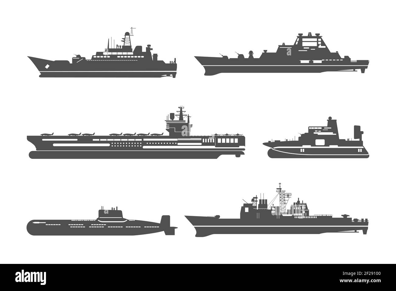 Silhouetten von Marineschiffen. Marine Transport, Transport und militärische Schifffahrt. Vektorgrafik Stock Vektor