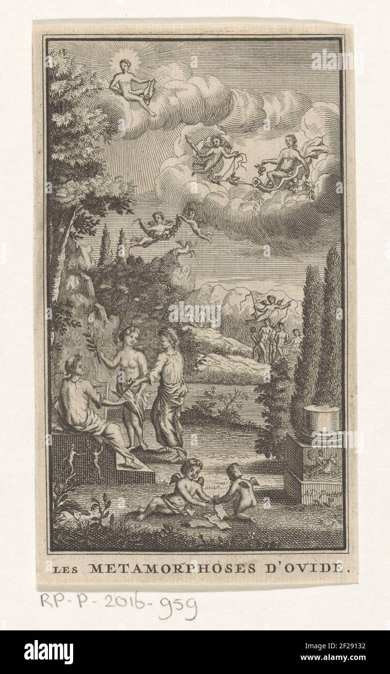 Ovidius, putti en goden in landschap; Les metamorphoses d'ovide.Ovid ist mit einer Schreibtafel auf einer Zunahme. Es gibt zwei Frauen für ihn. Rechts der Keller der Säule mit der Figur auf dem Dichtungsmittel und dem Namen des Schriftstellers. Zwei Putti mit Papieren im Vordergrund. Chambled Figuren im Hintergrund. Außerdem Putti mit Garland, Pegasus, Venus und Amor, umgeben von Wolken und Apollo mit Winde, die auf Wolken sitzen. Stockfoto