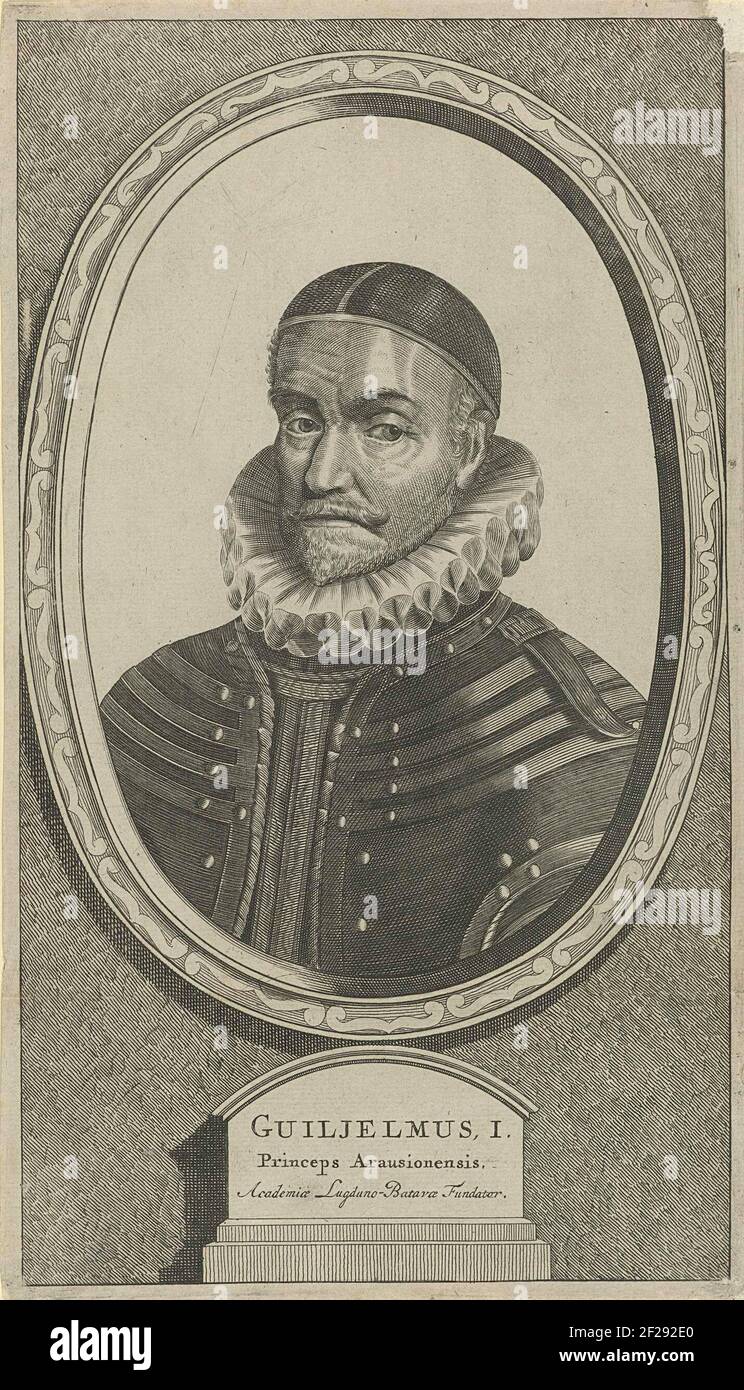 Portret van Willem I, prins van Oranje.Porträt Willems I. in einem verzierten ovalen Tisch. Drei Zeilen niederländischer Text auf einem Sockel. Stockfoto