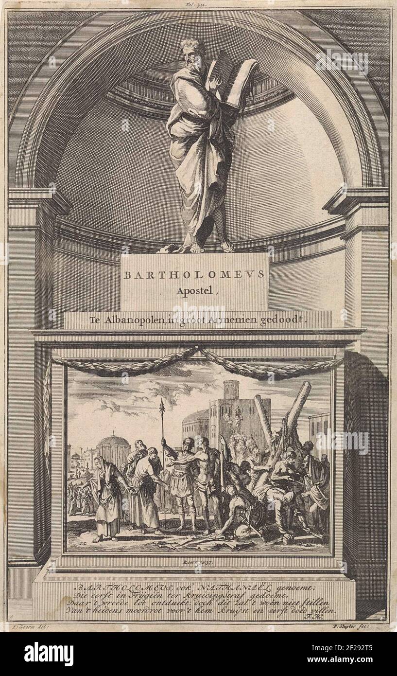 Apostel Bartolomeus; Bartholomeus, Apostel. TE Albanopolen, in groot Armenien gedoodt.der Apostel Bartolomeüs mit einem geöffneten Buch in seinen Händen. Bartolomeüs steht auf einer Basis, wo sein Foltertod an der Front platziert wurde. PRENT in der Mitte oben beschriftet: Fol: 311. Stockfoto
