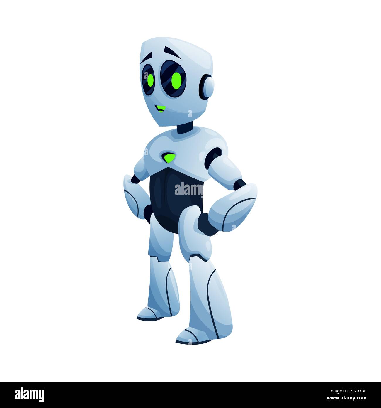 Roboter mit Armen auf Taille isoliert Kinder Spielzeug Seitenansicht. Vector android Automation volle Länge futuristischen Charakter, Cyborg humanoid. Kunststoffroboter, sci- Stock Vektor
