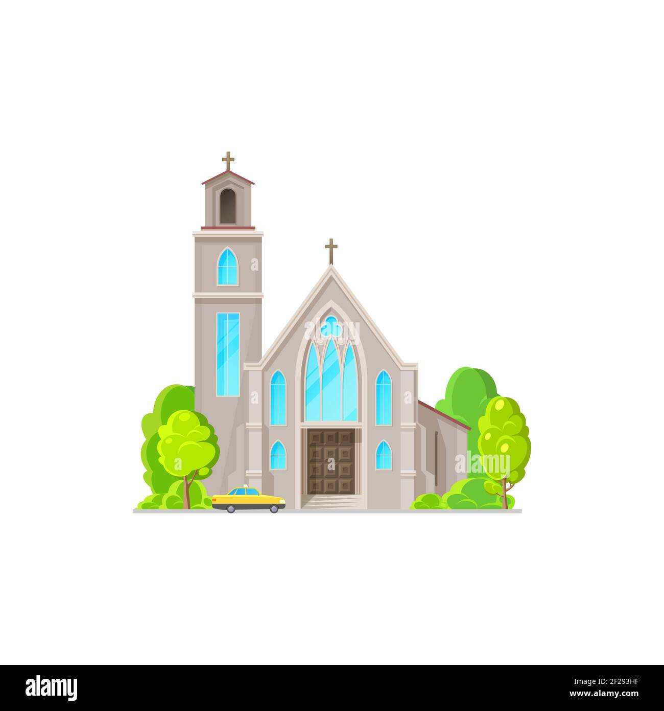 Fassade der katholischen Kirche isoliert spirituellen Gebäude Beerdigung Hochzeitszeremonien isoliert Cartoon-Turm mit Bäumen Außendesign halten. Vektor-chr Stock Vektor