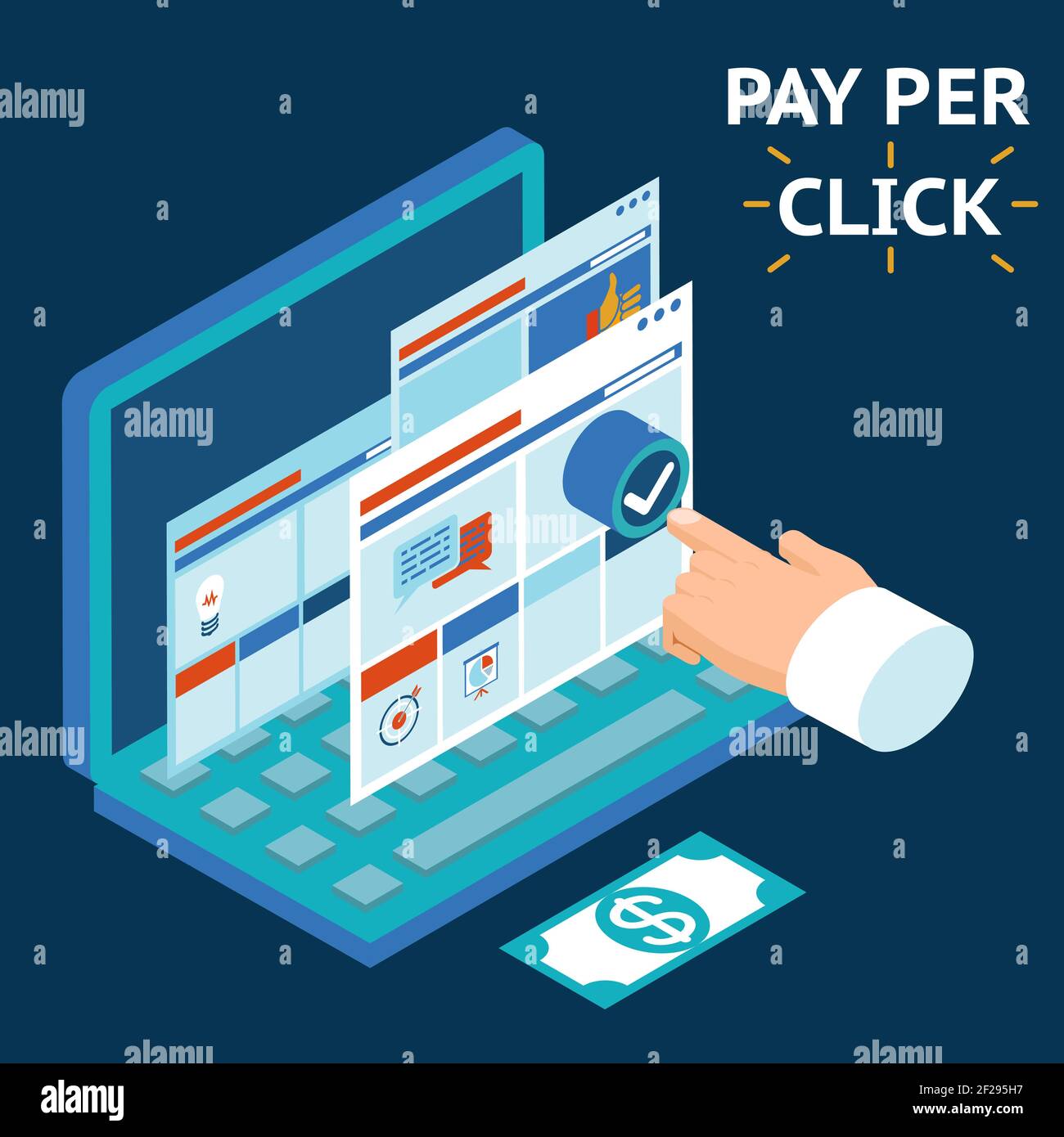 Pay per click, Infografiken Illustration. Berühren Sie Ihren Finger auf den Bildschirm eines Laptops Stock Vektor