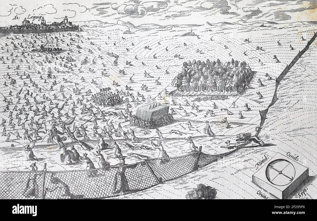 Eine satirische Darstellung der Schlacht von Breitenfeld. Gravur von 1632. Stockfoto