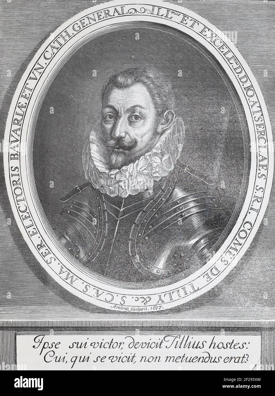 Johann Tserclaes, Graf von Tilly. Mittelalterliche Gravur. Johann Tserclaes, Graf von Tilly (Holländisch: Johan t'Serclaes Graaf van Tilly; Deutsch: Johann t'Serclaes Graf von Tilly; Französisch: Jean t'Serclaes de Tilly; Februar 1559 – 30. April 1632) war ein Feldmarschall, der die Streitkräfte der Katholischen Liga im Dreißigjährigen Krieg befehligte. Von 1620 bis 31 hatte er eine unübertroffene und demoralisierende Reihe wichtiger Siege gegen die Protestanten, darunter den Weißen Berg, Wimpfen, Höchst, Stadtlohn und die Eroberung der Pfalz. Stockfoto