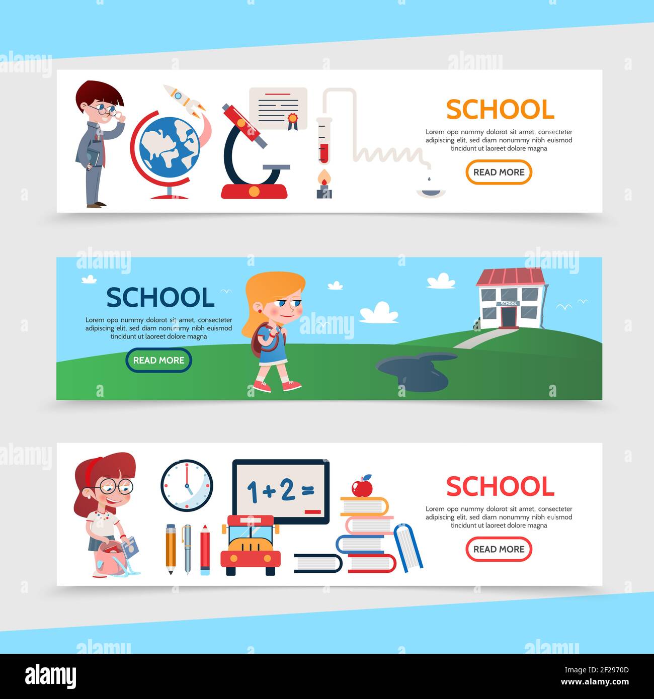 Flache Bildung horizontale Banner mit Schülern Schule Gebäude Globus Rakete Mikroskop Board Uhr Bleistift Marker Stift Bus Bücher Apfel Zertifikat vektor Stock Vektor