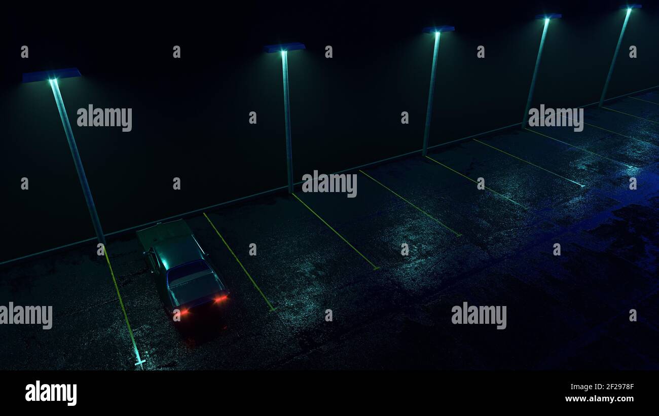 Einsames Retro-Auto auf leerem Parkplatz im Regen. Nebel, Regen, Reflexionen. Cyberpunk Tapete. 3D Darstellung rendern. Stockfoto