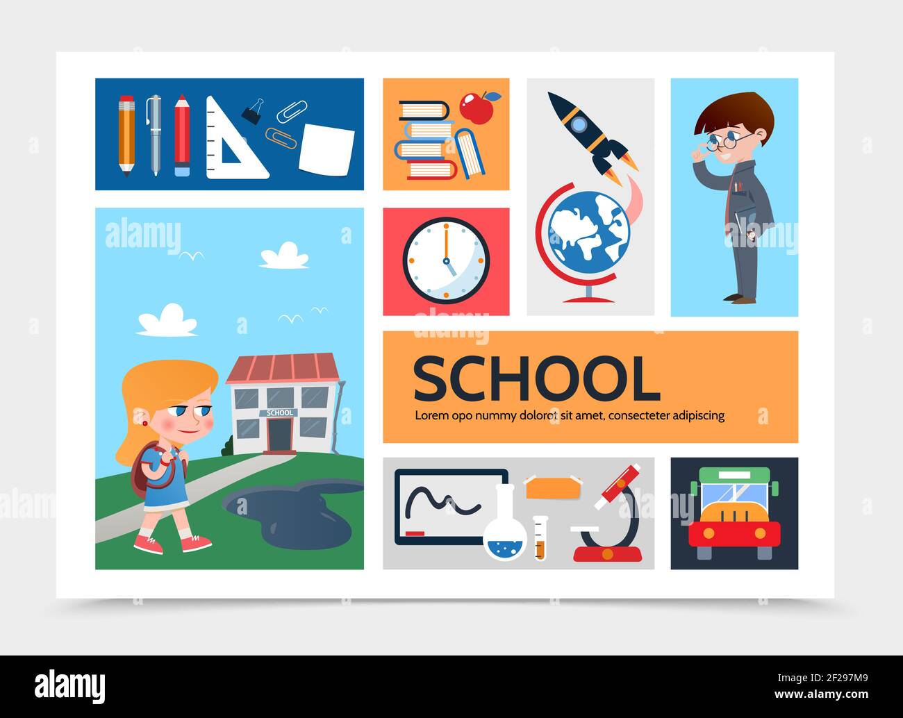 Flach Bildung Infografik Vorlage mit Schule Gebäude Bleistift Marker Stift Lineal Aufkleber Apfel Clips Bücher Schüler Kugel Rakete Bus Mikroskop Kolben b Stock Vektor