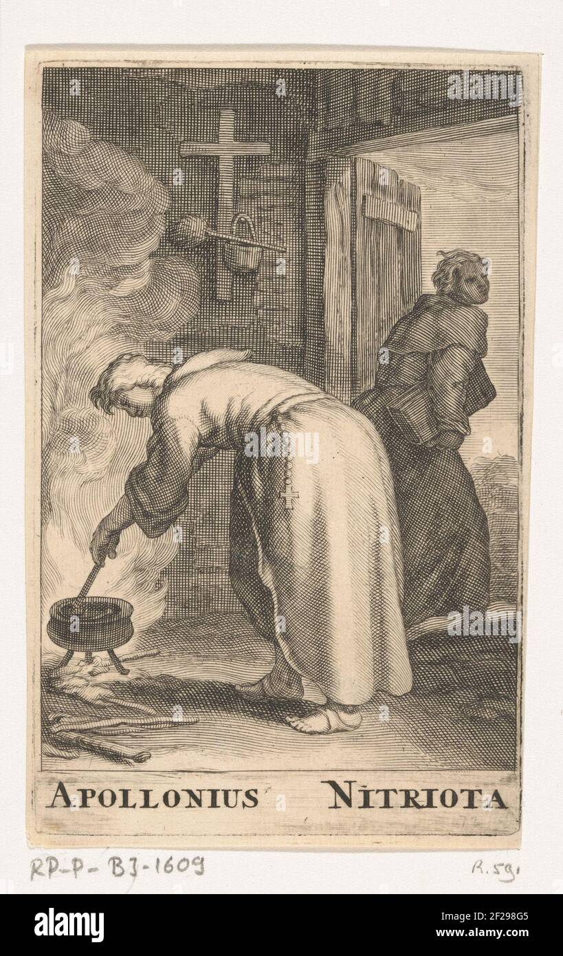 Heilige Apollonius van Nitria; Kluizenaars: Thebaanse heiligen; Apollonius van Nitriota.der Heilige Apollonius von Nitria rührt mit einem Stock in einen Kochtopf. Er macht wahrscheinlich Medikamente. Im Hintergrund sieht er, wie er mit einem Buch unter seinem Arm das Haus verlässt. Druck aus einer Serie von 80 Drucken und einem Titeldruck mit Eremiten aus dem 2nd. Bis 6th. Jahrhundert. Stockfoto