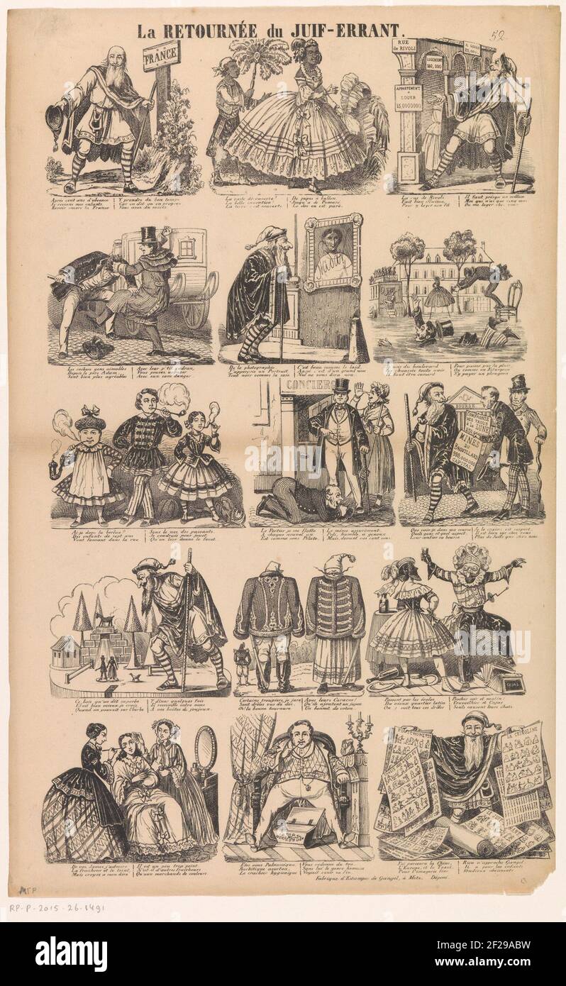 Terugkeer van de wandelende jood; La retournée du juif-errant.fünfzehn Szenen zeigen die Neuheiten, denen der wandernde Jude nach hundert Jahren Abwesenheit in Frankreich begegnet. Unten ist eine schwarze Frau mit einer Seite, Wohnungen in der Rue de Rivoli zu Wucherpreisen angeboten, ein Foto von Nadar gemacht, Raucher Kinder und Shader Händler. Die letzte Szene zeigt das wandernd jodhaltige Jod, umgeben von Drucken von Gangel. Oben rechts nummeriert: 52. Stockfoto