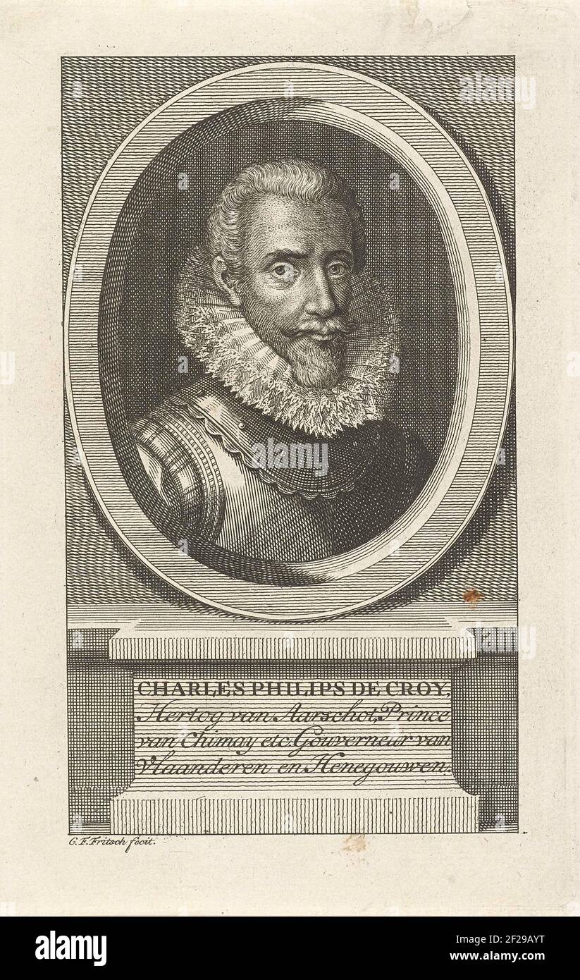 Portret van Filips II van Croÿ.Portrait Büste in oval rechts von Philipp II. Von Croÿ, Herzog von Aarschot, Prinz von Chimay, in Geschirr, über dem ein breiter Klappkragen. Unter dem Oval sind sein Name und Titel auf einer Basis aufgeführt. Stockfoto