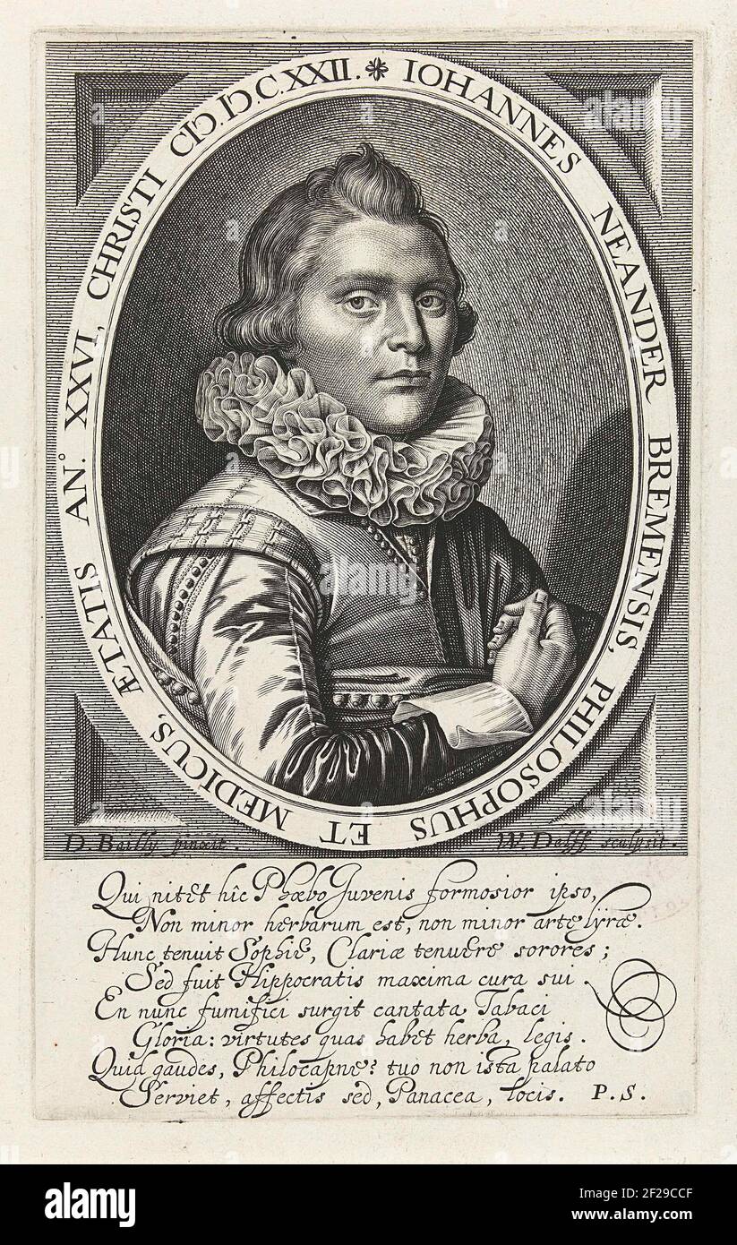 Portret van Johann Neander op 26-jarige leeftijd.Porträt des Philosophen und Mediziners Johann Neander im Alter von 26, Büste mit Klappkragen in ovalem Bilderrahmen mit Inschrift. In lateinischen Vers in acht Regeln. Stockfoto