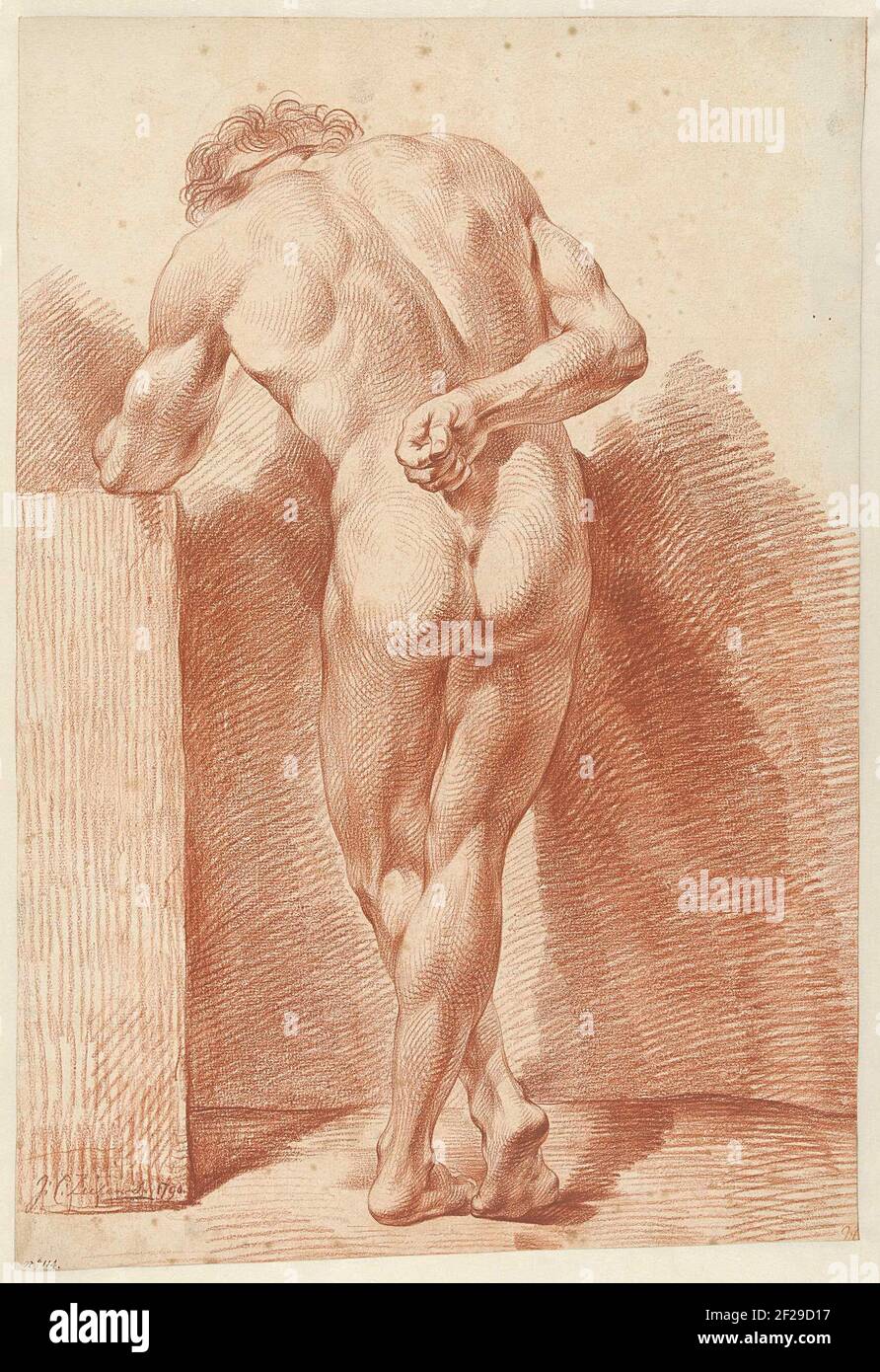 Stehender männlicher Akt, auf dem Rücken gesehen. Männlich nackt, auf dem Rücken gesehen, der rechte Arm auf dem Rücken, Beine gekreuzt. Unten rechts: nein 114. Stockfoto