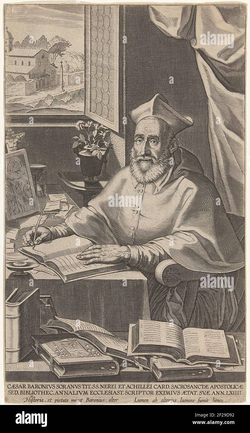 Portret van Cesare Baronio.Kardinal Baronius sitzt an einem Tisch und schreibt mit der rechten Hand in ein offenes Buch. Mehrere religiöse Objekte auf seinem Schreibtisch. Ein offenes Fenster bietet einen Blick auf die SS Nereo Ed Achillio in Rom Stockfoto