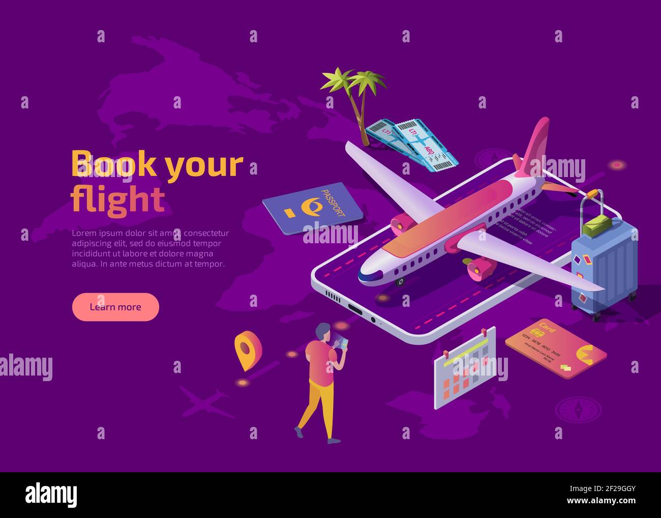 Buchen Sie Ihre isometrische Landing Page. Mann, der mit Gadget vor dem Smartphone steht und Tickets für die Reise mit dem Flugzeug kauft. 3D Vektor-Webbanner mit Flugzeug, Bankkarte, Koffer und Reisepass. Stock Vektor