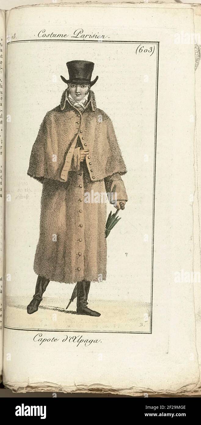 Journal des Dames et des Modes, Costume Parisien, 1805, an 13 (603) Capote d'Alpaga..Gesehene Mann von der Vorderseite, gekleidet in einen hellbraunen Fellmantel mit pelerin (Carrick). Stark eingestrickter Cravat. Auf dem Kopf ein hoher Alpakahut mit erhobenem Rand. Regenschirm als Gehstock in der linken Hand. Flache Schuhe. Der Druck ist Teil des Modemagazins Journal des Ladens et DES Moldes, herausgegeben von Pierre de la Mésangère, Paris, 1797-1839. Stockfoto