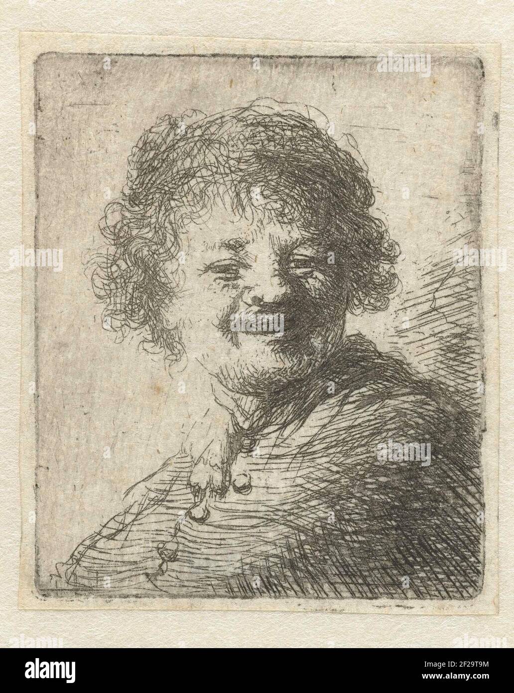Lachend zelfportret met muts.Spiegelbild Kopie zum gleichnamigen Druck von Rembrandt. Stockfoto