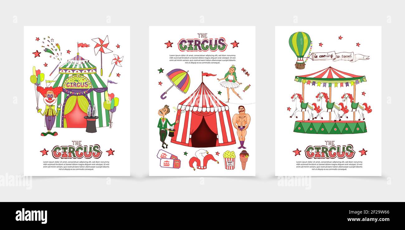 Flache Zirkusposter mit einem starken Clown Magier akrobaten Zelt Karussell Zauberstab Regenschirm Tickets Eis Popcorn Heißluftballon vektorgrafik Stock Vektor