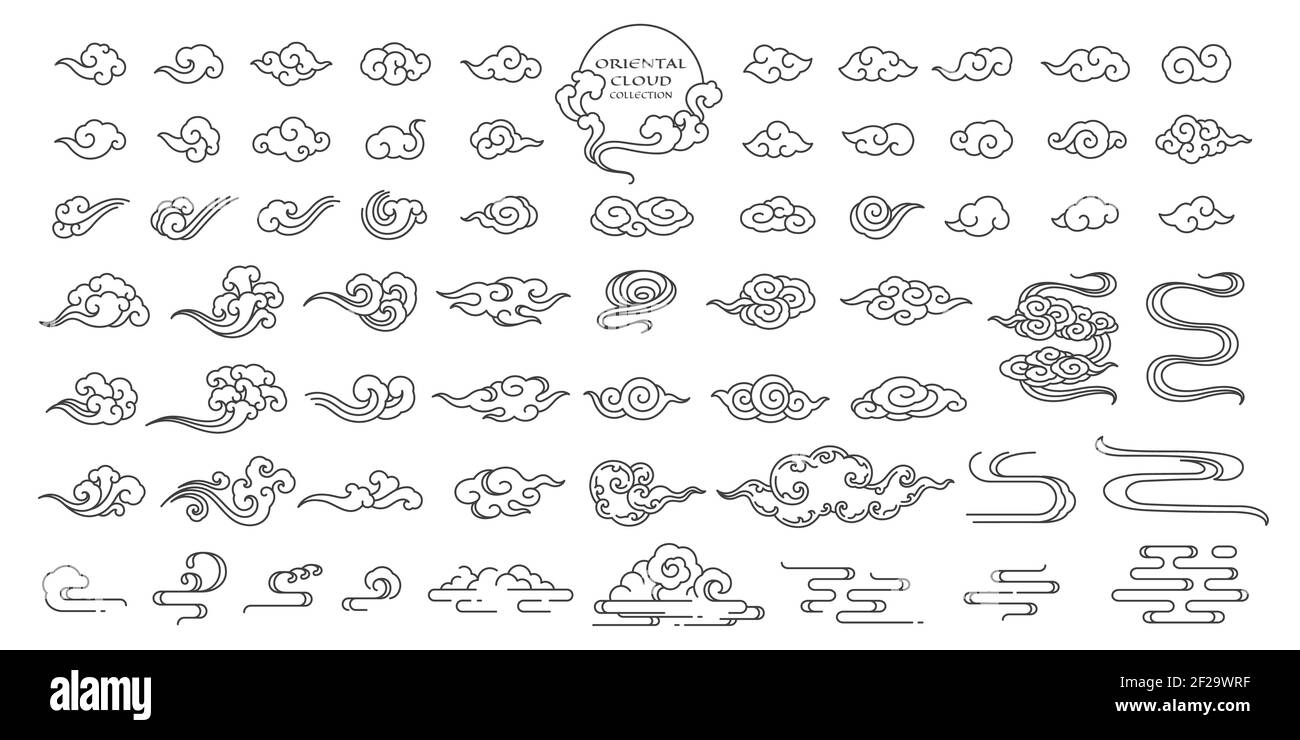 Satz von orientalischen Wolke Illustration. Chinesische Wolken Elemente. Lineare Hand zeichnen Clip Art. Japanisch, Thai, tibetisch, Koreanisch Stil. Traditionell, modern, Mo Stock Vektor