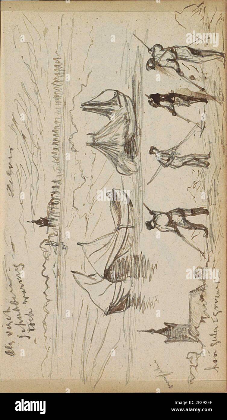 Landschaft mit Kirchturm, Ruderbooten und Heumähen.Blatt 76 recto aus einem Skizzenbuch mit 88 Blättern. Stockfoto