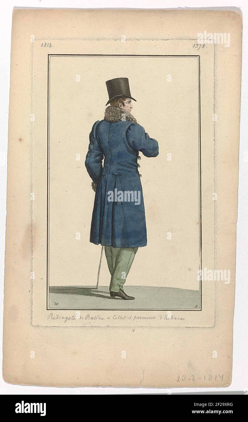 Journal des Dames et des Modes: Men’s Fashion das Journal des Dames et des Modes lieferte gelegentlich eine Berichterstattung über Männerstile. Diese Illustrationen geben ein gutes Bild von Trends in der Herrenbekleidung von 1797 bis 1825. Im 18th. Jahrhundert trugen Herren Culotte (Kniehosen) 1. Diese fielen aus der Mode mit der Beseitigung der strengen Klassenunterschiede während der Französischen Revolution, die durch eine Art von langen Hosen, bekannt als pantalon à la Hussarde 2 ersetzt werden. Diese wurden mit Husarenstiefeln getragen. ‘Pantaloons’ 3 waren Hosen, die mit einem elastischen Riemen unter dem Rist gezogen wurden. Carrick 4 Mäntel Stockfoto