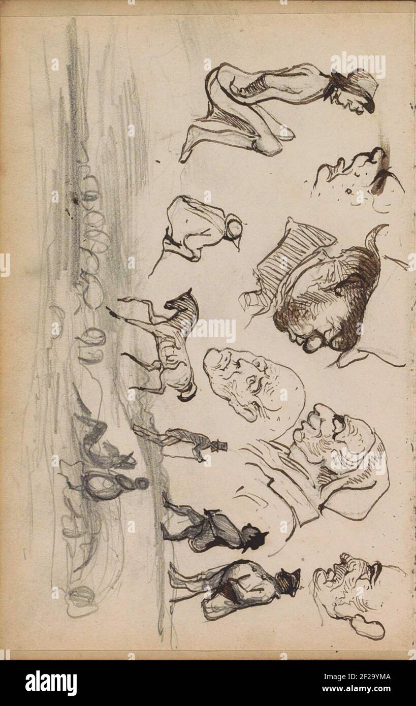 Männerköpfe, ein Pferd und eine Landschaft mit Figuren.Blatt 72 rückseitig aus einem Skizzenbuch mit 73 Blättern. Stockfoto