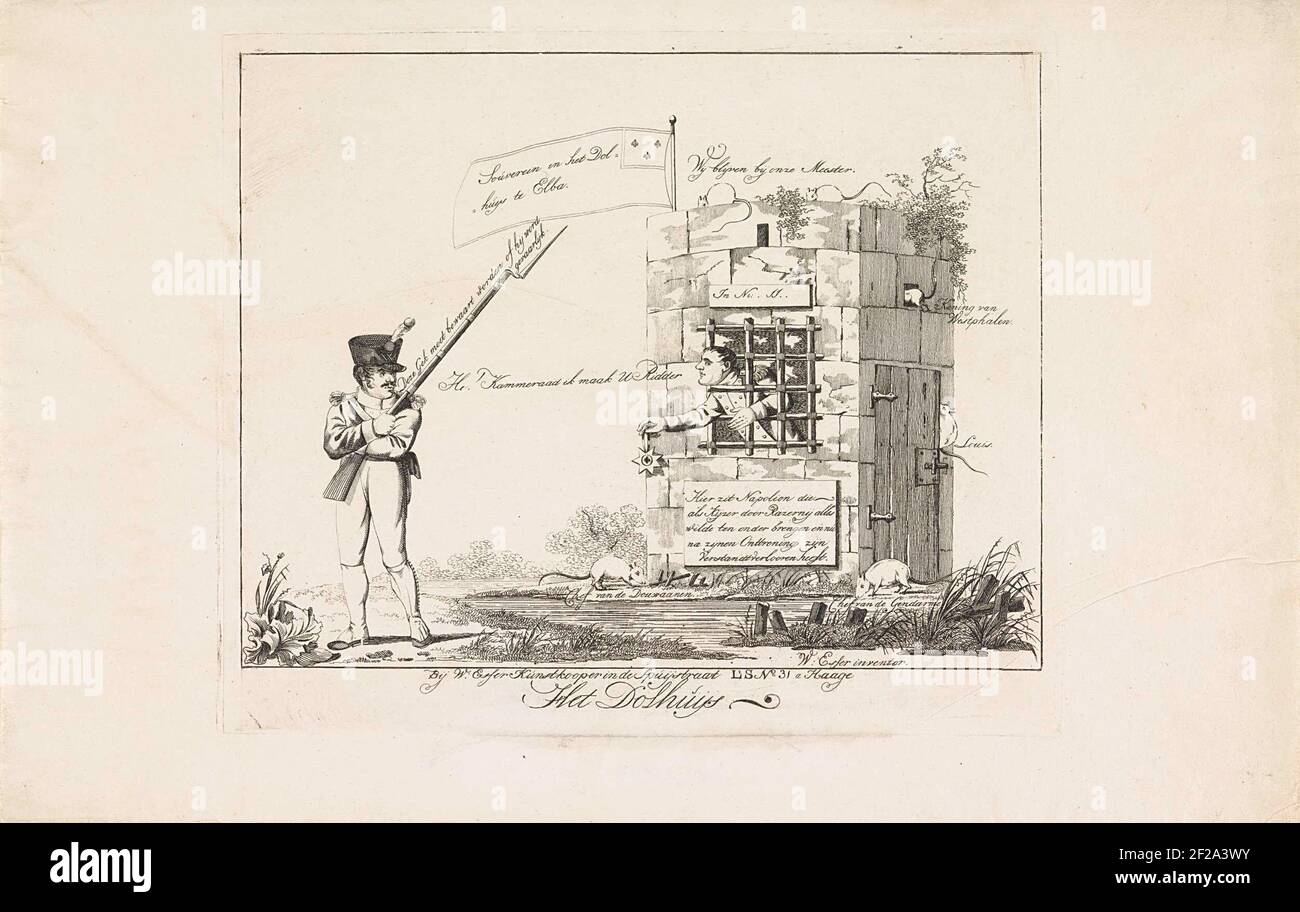 Het Dolhuijs.Karikatur auf Napoleons Exil auf Elba, 1814. Napoleon als gefährlicher Verrückter in einem steindol Haus. Er versucht einen Wächter mit einem Ritterkreuz zu kaufen, um ihn freizulassen. Ratten laufen auf und um das Gefängnis herum. Auf dem Gebäude winkt eine Flagge mit der Aufschrift "Souverein in den Dolhuijs auf Elba". Stockfoto