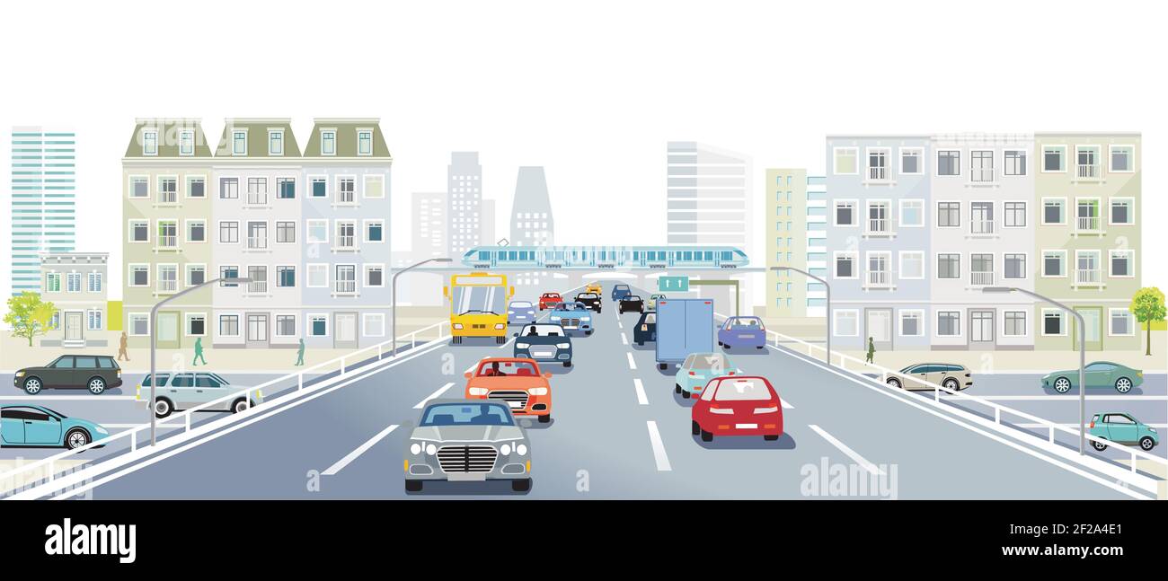 Erhöhte Straße in einer großen Stadt mit viel Verkehr Stock Vektor