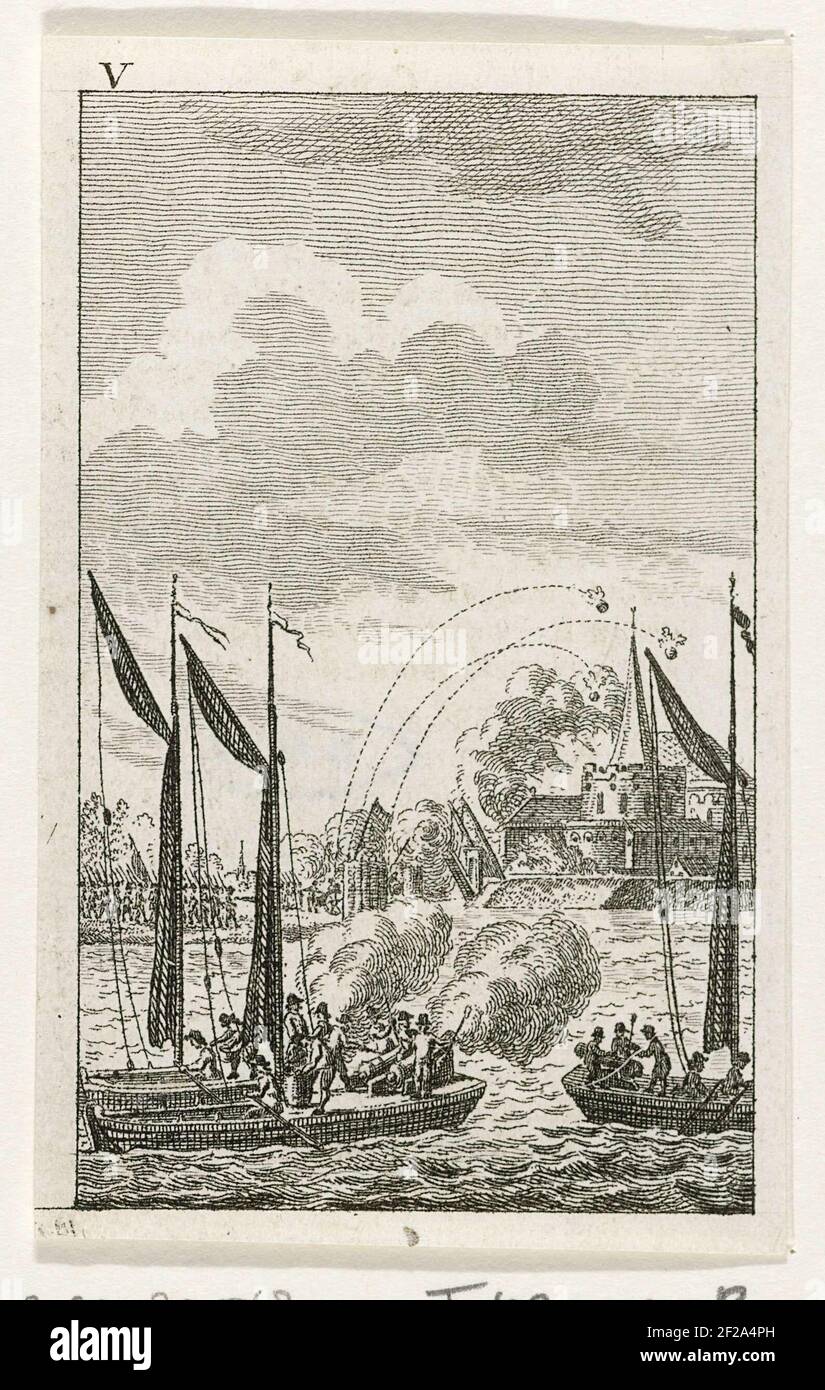 Eine Stadt von Booten zu trennen. Teil einer Gruppe von 6 Bildern aus einem Almanach von ca. 1786. Unterschrift oben: V. Stockfoto