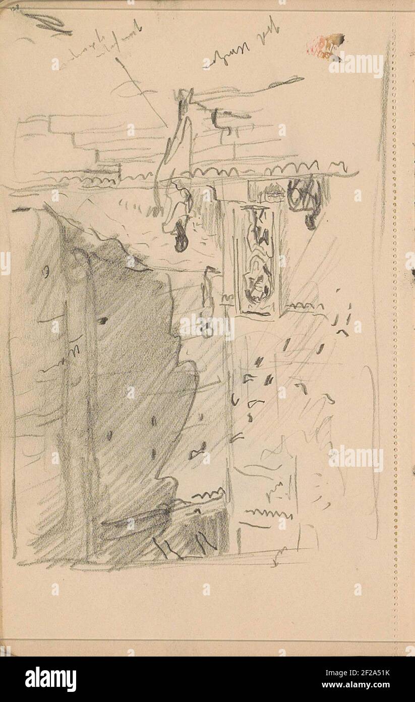 Indianer an einem Tor mit einem Bild eines hinduistischen Gottes.Seite 158 aus einem Skizzenbuch mit 87 Blättern. Stockfoto