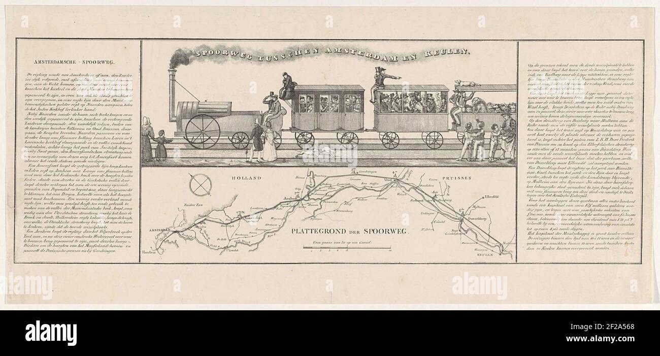 Plan voor een spoorweg tussen Amsterdam en Keulen, 1834; Spoorweg tuschen Amsterdam en Keulen.Plan für den Bau einer Eisenbahn zwischen Amsterdam und Köln durch Oberstleutnant William Archibald Bake (mit A. Willink und D. Borski), 21. August 1834. Oben ein Bild einer primitiven Dampflokomotive mit zwei Personenwagen und einem Viehwagen. Unten haben Sie eine Fahrkarte vom Verlauf der geplanten Bahnstrecke. Diese Kopie mit den entsprechenden Texten auf beiden Seiten. Stockfoto