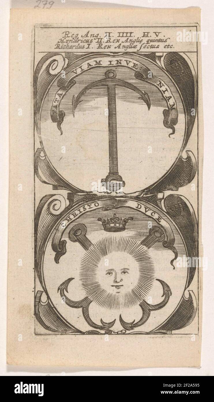 Anker / Twee gekruiste ankers met zon en kroon; Fata Viam Inveniam / Christo Duce; Symbola Divina et Humana Pontificum Imperatorum Regum.ein Emblem mit zwei Aufführungen. Über einem Anker. Zwischen zwei gekreuzten Ankern mit einer Krone in der Mitte und darüber. Die Erfindungen von Hendrik II und Richard I. von England. Stockfoto