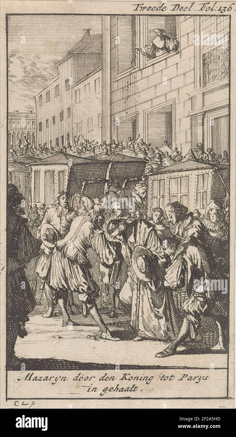 Kardinal Mazarin beugt sich im Vordergrund für Louis XIV. Um sie herum eine Gruppe Höflinge und zwei Wagen. Stockfoto