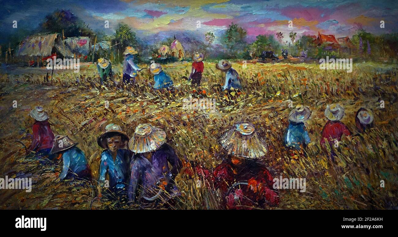 Kunst Malerei Ölfarbe Thai Land Landwirt , Reis ernten , , Landwirt , Landleben , Ländliches thailand, Thailand Leben Stockfoto