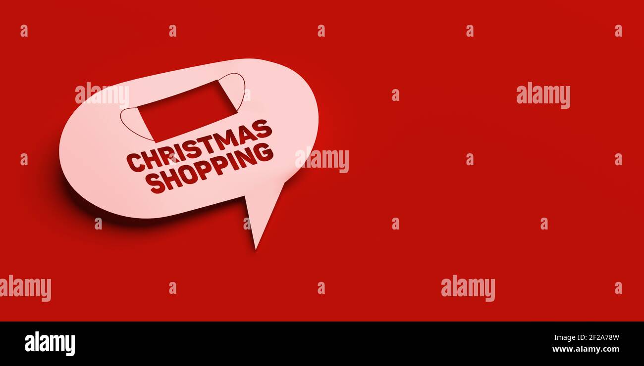 3D gerendertes Chat-Bubble-Konzept: Isolierte weiße Blase auf rotem Hintergrund mit Kopierraum. Eine schützende Gesichtsmaske Symbol und Text WEIHNACHTSEINKÄUFE Stockfoto