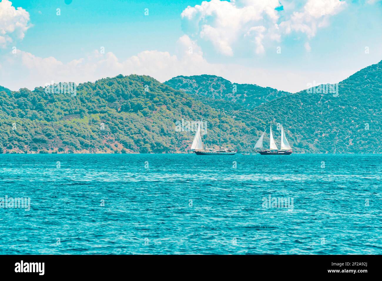Sommerkonzept: Zwei weiße Segelyachten, die auf dem blauen Wasser der Ägäis vor einer grünen und felsigen Waldinsel schweben.natürlicher Hintergrund Stockfoto