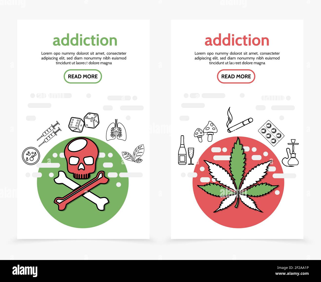 Schädliche Süchte vertikale Banner mit Schädel Kreuzknochen Spritzen Würfel krank Lungen Marihuana Tabak Blätter Alkohol trinken Pilze Zigarette Drogen ho Stock Vektor