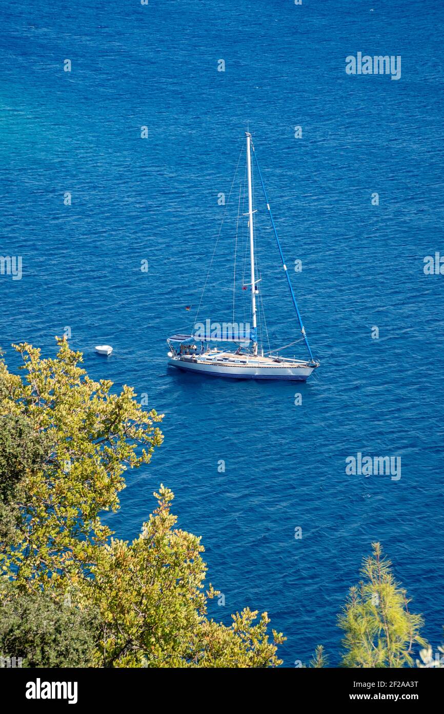 Vertikales Foto eines verankerten Segelbootes hinter einem Grün Baum am blauen Wasser der Ägäis Stockfoto