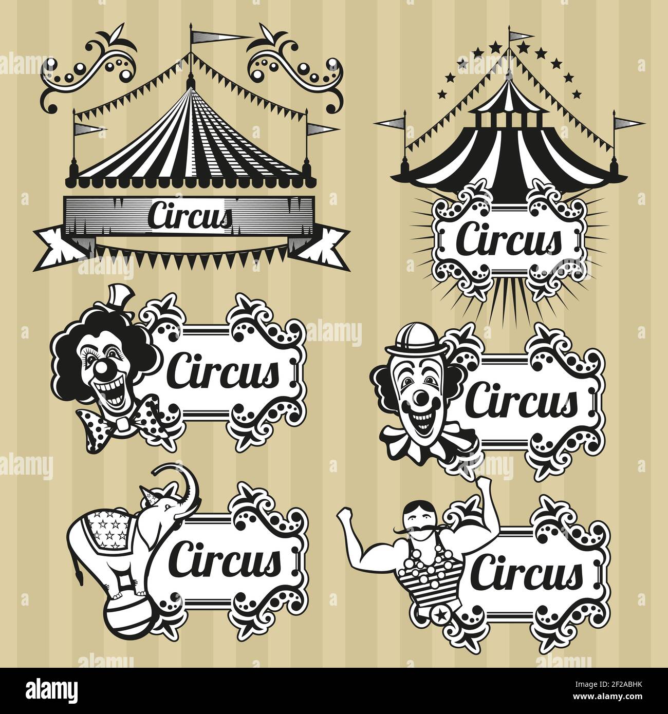 Vintage Zirkus Vektor Embleme, Logos, Etiketten gesetzt. Zirkus Emblem, Retro Zirkus Logo, Karneval Zirkus Zelt Illustration Stock Vektor