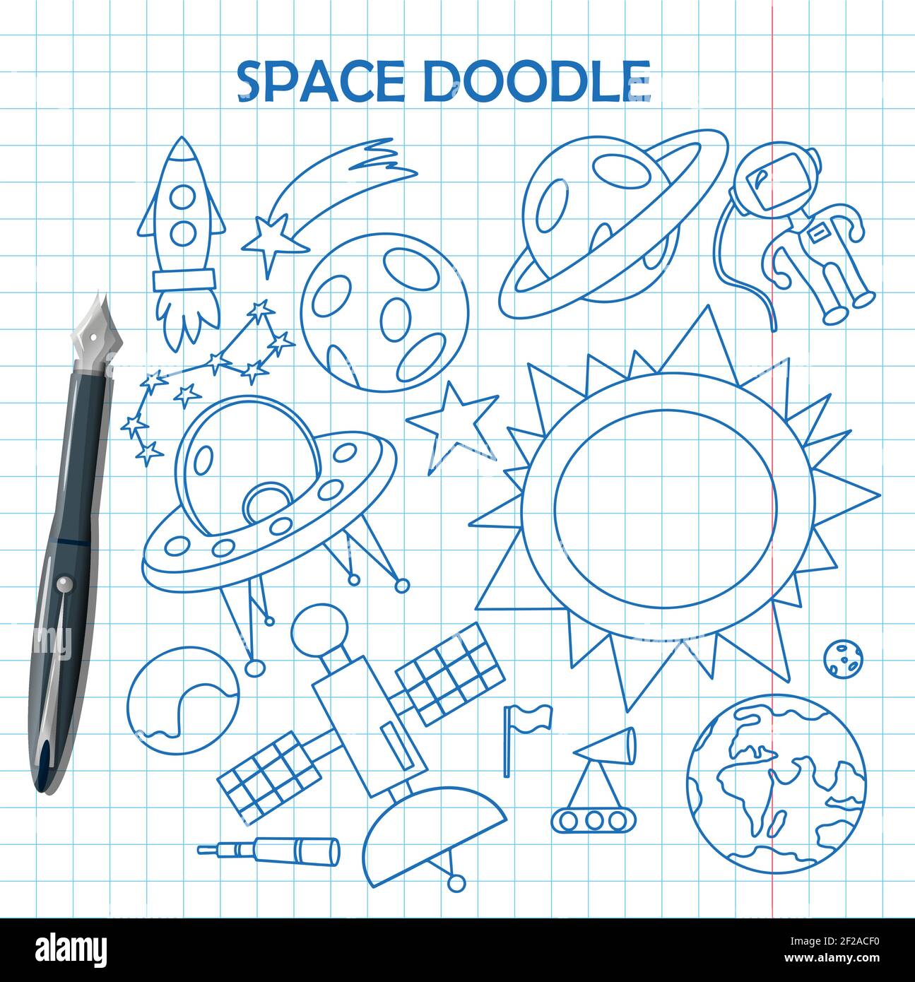 Hand zeichnen Raum Illustration mit einer Rakete, Astronaut, Planeten und Aliens. Niedlich, Kinder s Vektor Zeichnung über Raumschiffe, fliegende Untertassen und Stock Vektor