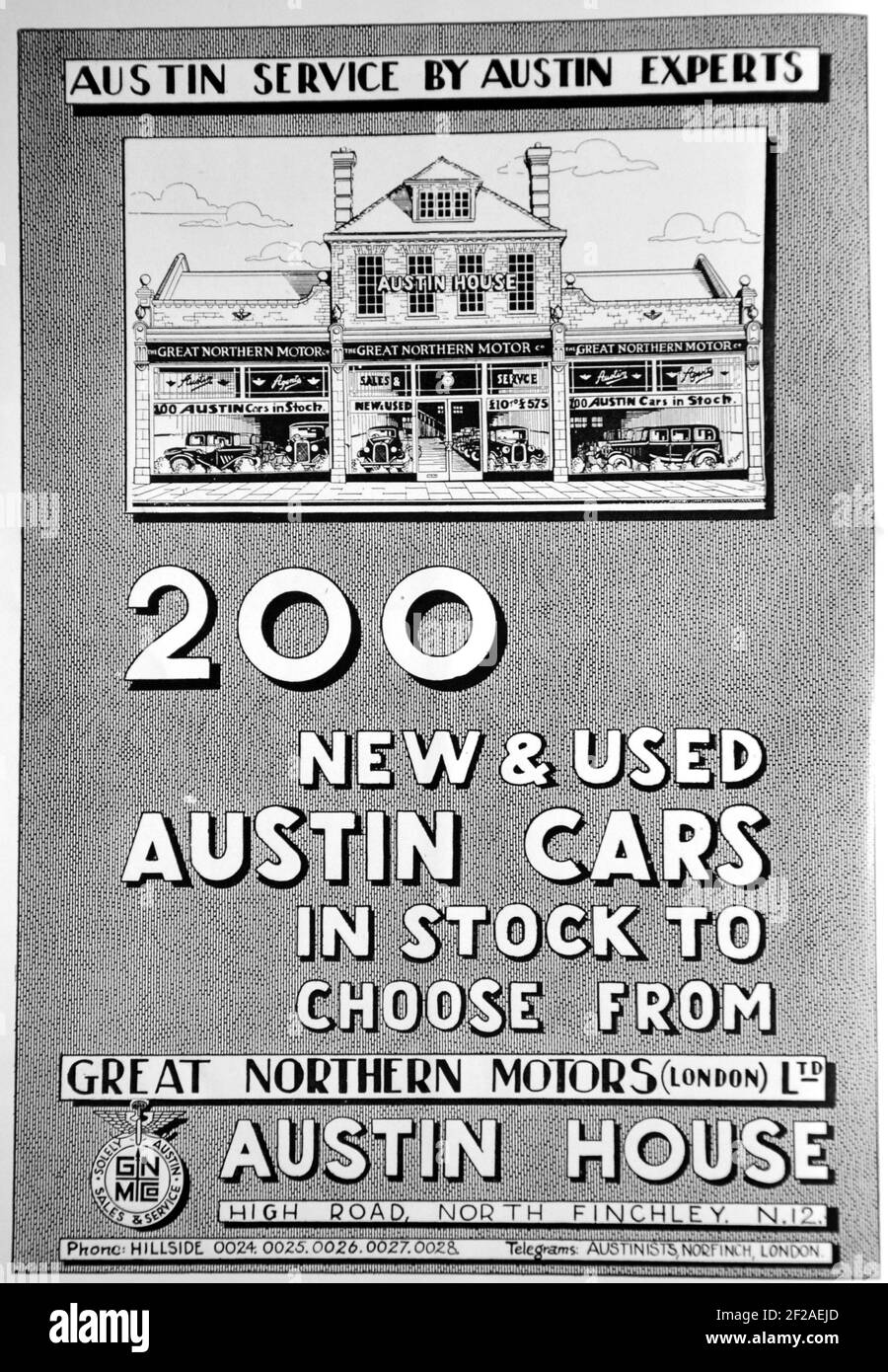 Werbung für neue und gebrauchte Austin Autos bei Great Northern Motors, High Road, North Finchley, N12. Aus dem Buch: 'FINCHLEY CELEBRATIONS ROYAL SILVER JUBILEE May 1935 Souvenir Handbook'. Stockfoto