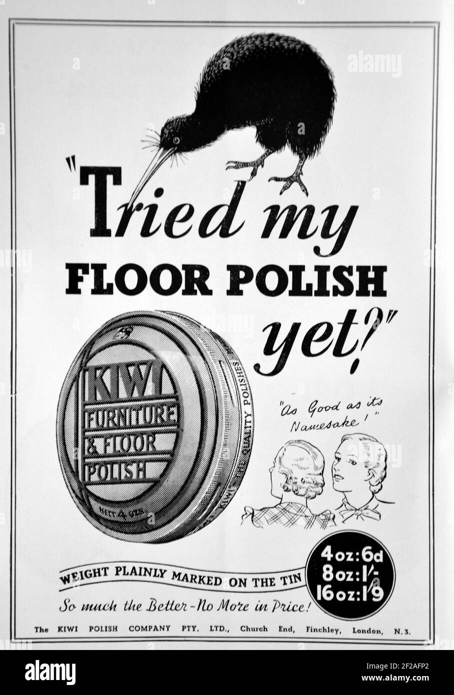 Werbung für Kiwi Boden- und Möbelpolitur. Aus dem Buch: 'FINCHLEY CELEBRATIONS ROYAL SILVER JUBILEE May 1935 Souvenir Handbook'. Stockfoto