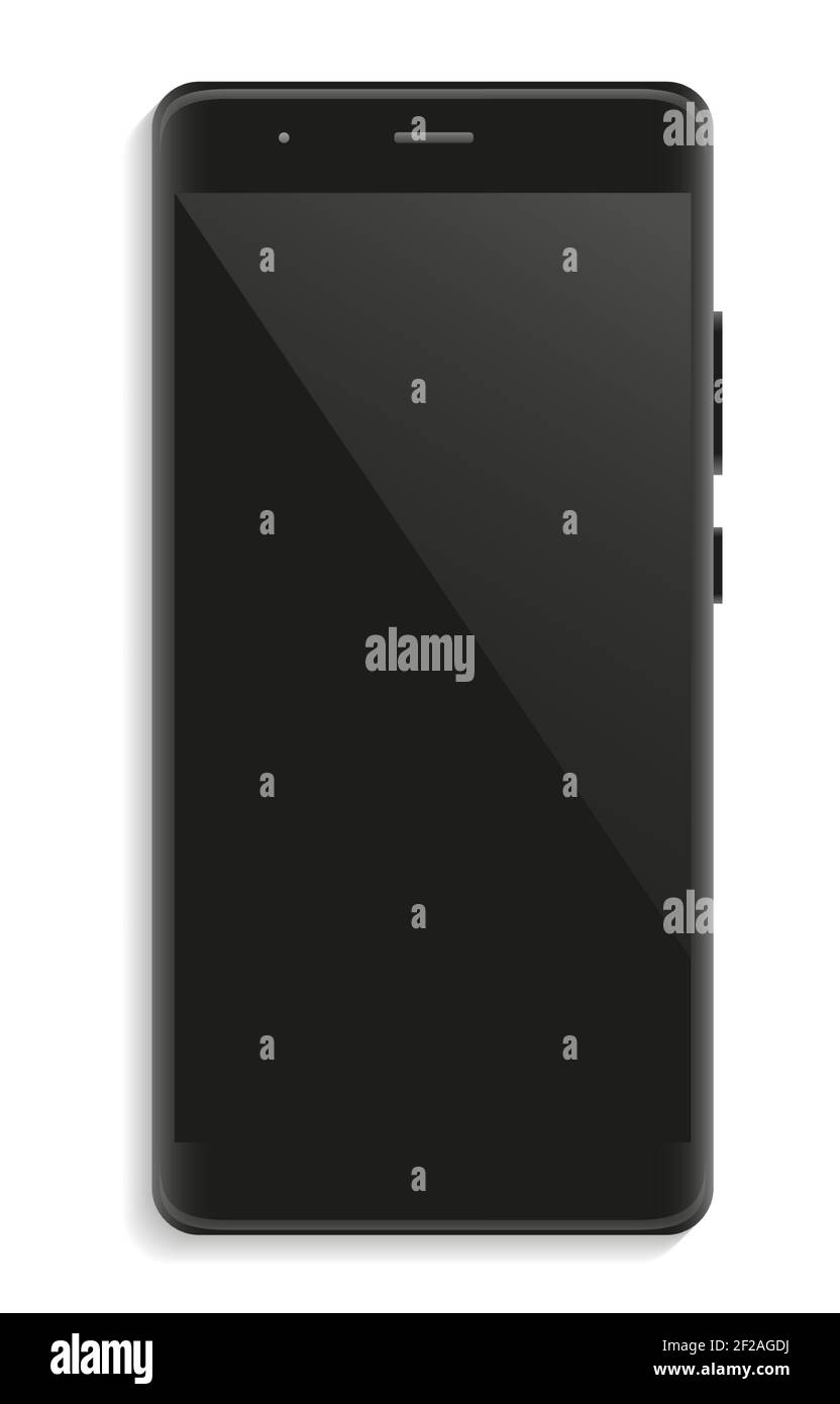 Modernes Telefon mit leerem schwarzem Touchscreen isoliert auf Weiß für Design. Vektorgrafik Stock Vektor