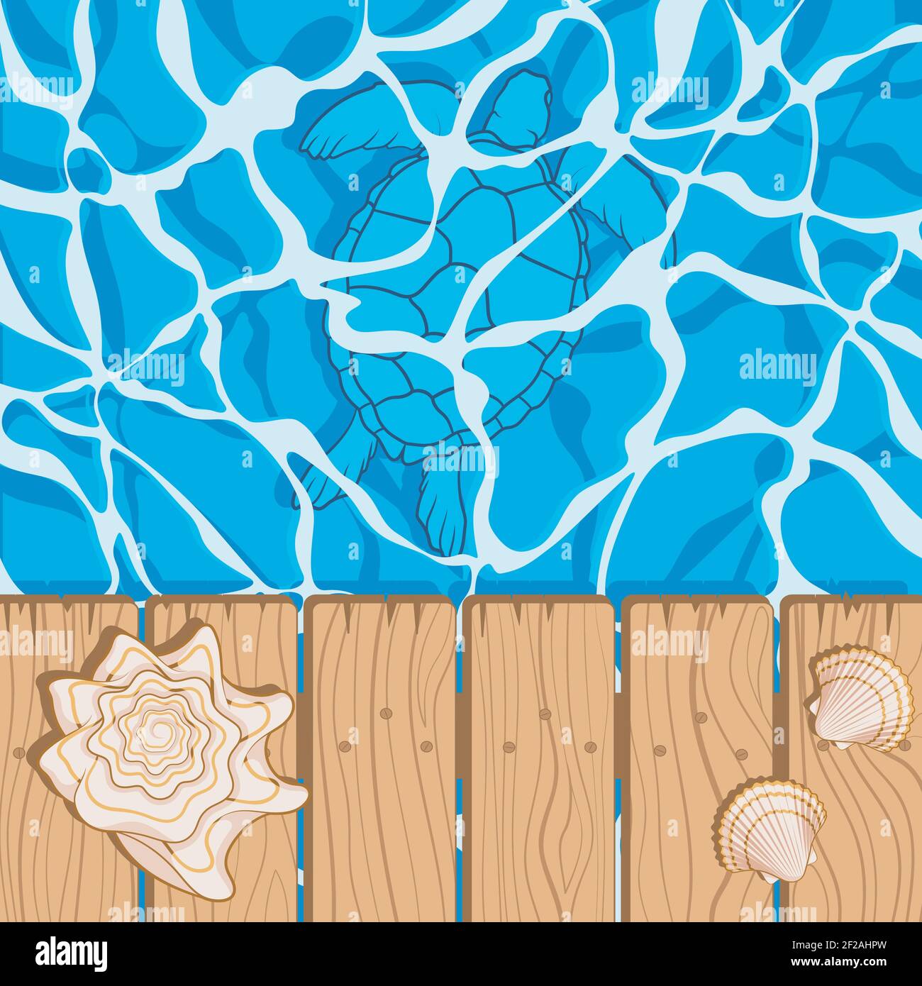 Marine Sommer Hintergrund mit Wasser, Muscheln, Schildkröte. Vektorgrafik. Stock Vektor