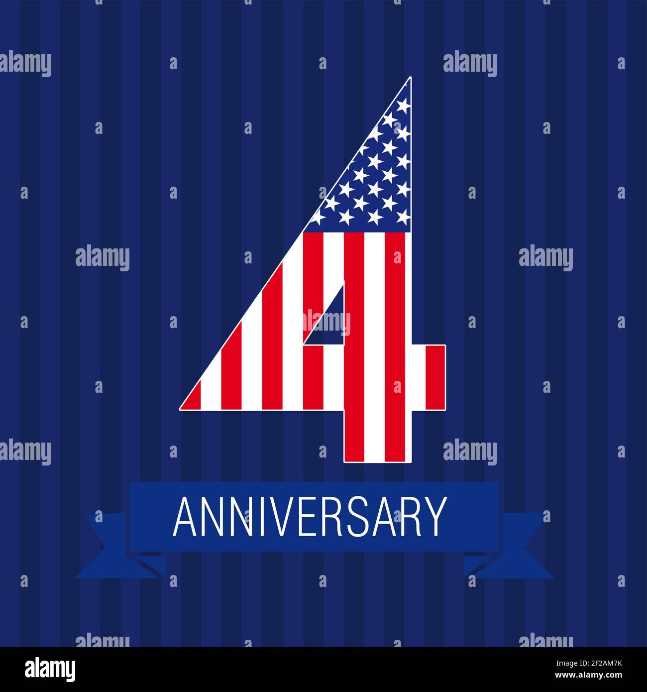 Anniversary 4 US-Flag-Logo. Vorlage der Ikone der Feier des 4. Platzes als amerikanische Flagge. USA-Nummern im traditionellen Stil auf gestreiftem abstrakten blauen Bac Stock Vektor