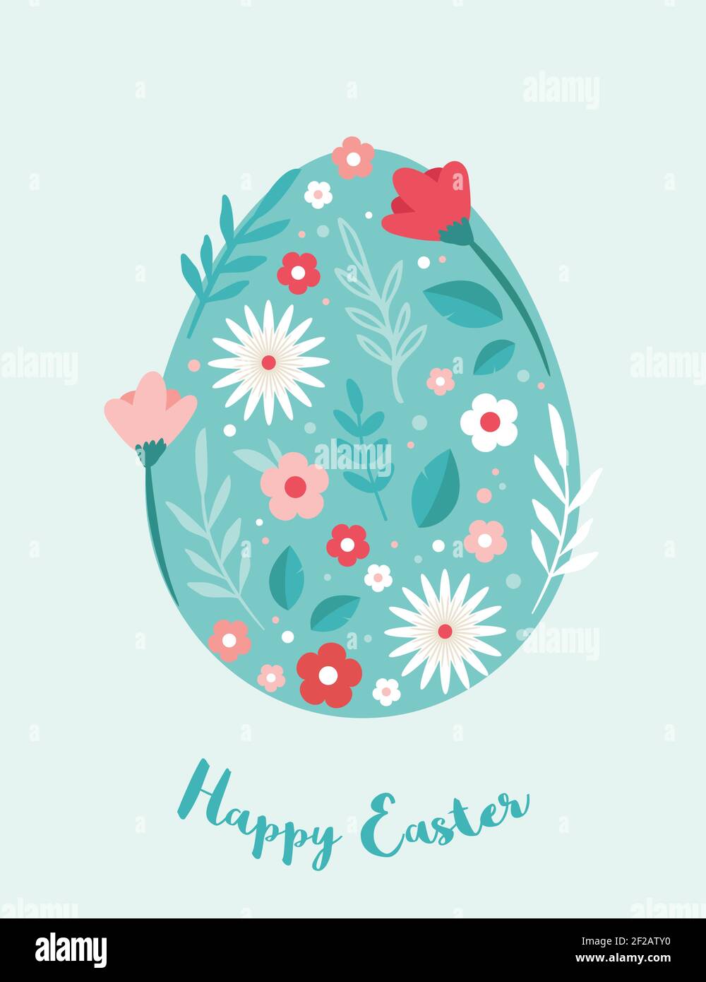 Frohe Ostern. Grußkarten oder Poster mit Frühlingsblumen und Osterei. Vorlage für Eiersuche-Poster. Federhintergrund. vektorgrafik Stock Vektor