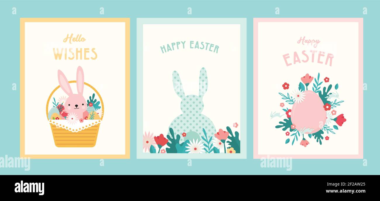 Frohe Ostern. Grußkarten oder Poster mit Hünchen, Frühlingsblumen und Osterei. Vorlage für Poster zur Eierjagd. Federhintergrund. Vektordarstellung Stock Vektor